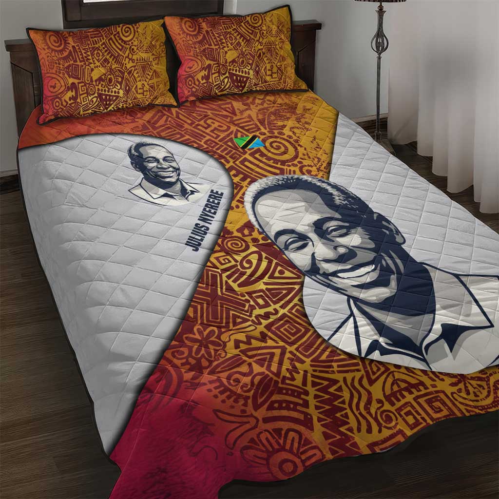 Julius Nyerere Quilt Bed Set with Smiling Portrait, Tribal Pattern and Simplicity is Power Quote - African Pride