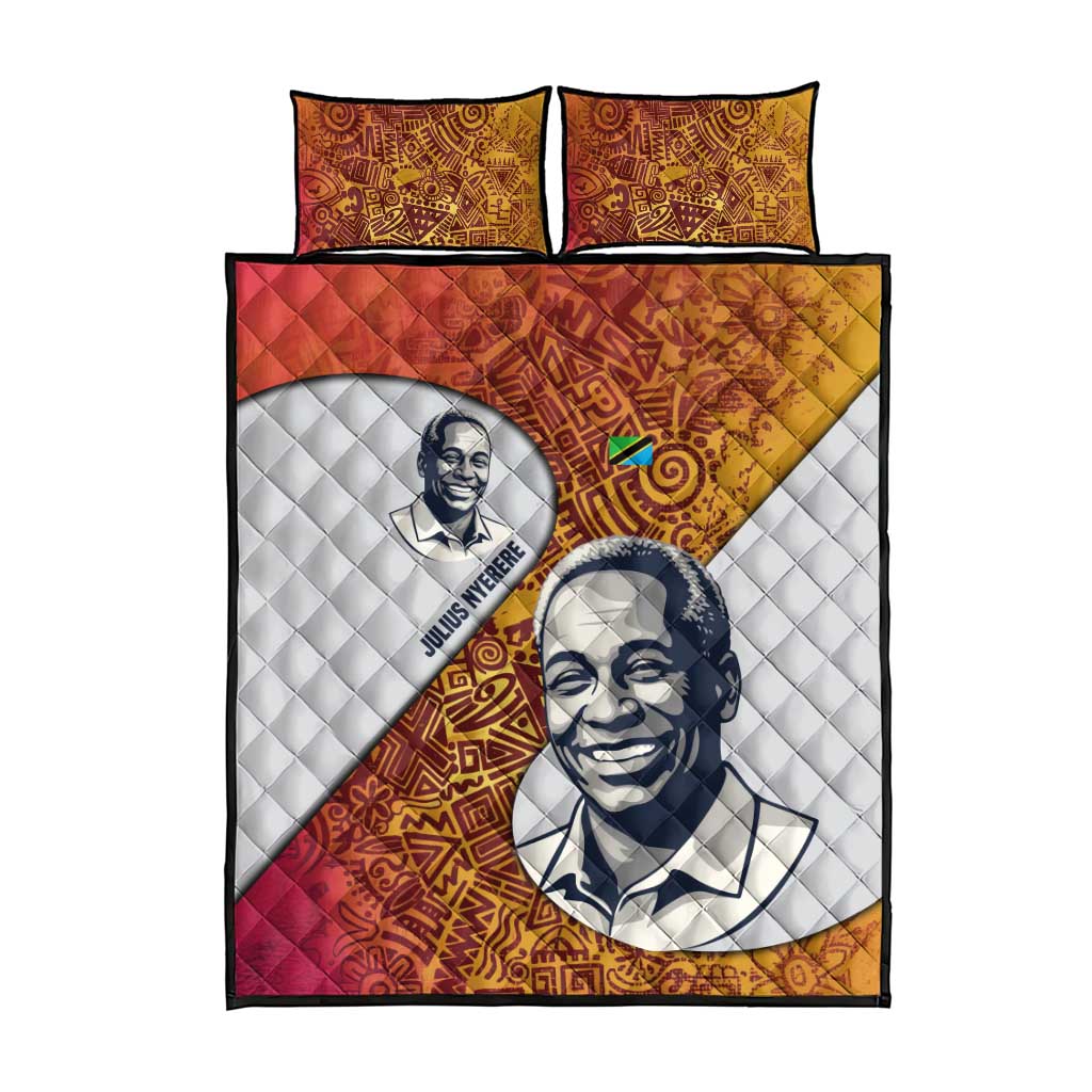 Julius Nyerere Quilt Bed Set with Smiling Portrait, Tribal Pattern and Simplicity is Power Quote - African Pride