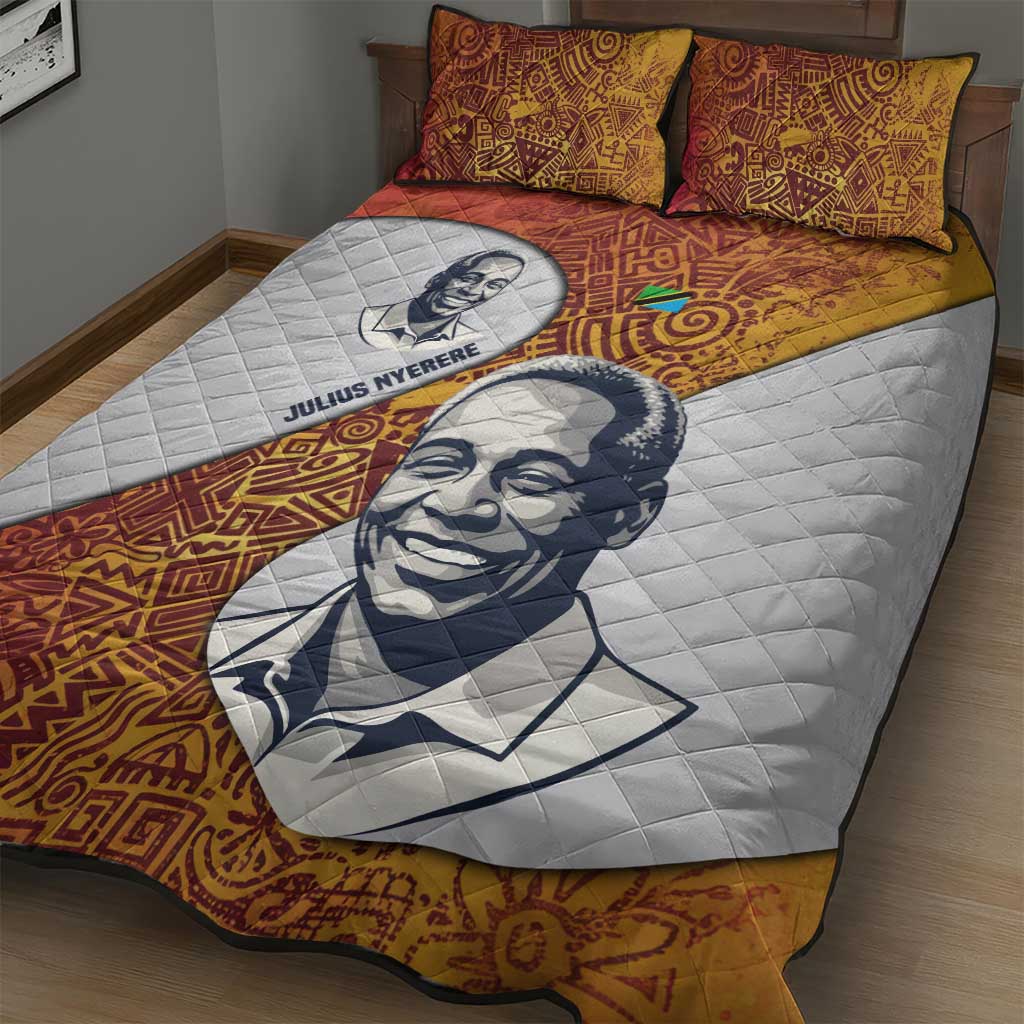 Julius Nyerere Quilt Bed Set with Smiling Portrait, Tribal Pattern and Simplicity is Power Quote - African Pride