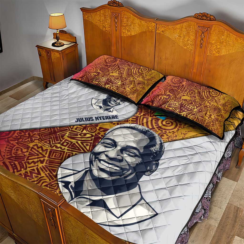 Julius Nyerere Quilt Bed Set with Smiling Portrait, Tribal Pattern and Simplicity is Power Quote - African Pride