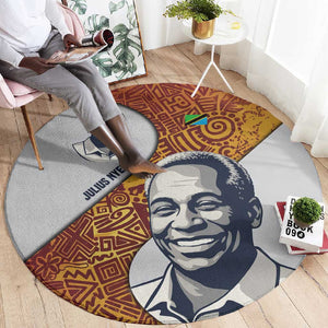 Julius Nyerere Round Carpet with Smiling Portrait, Tribal Pattern and Simplicity is Power Quote - African Pride