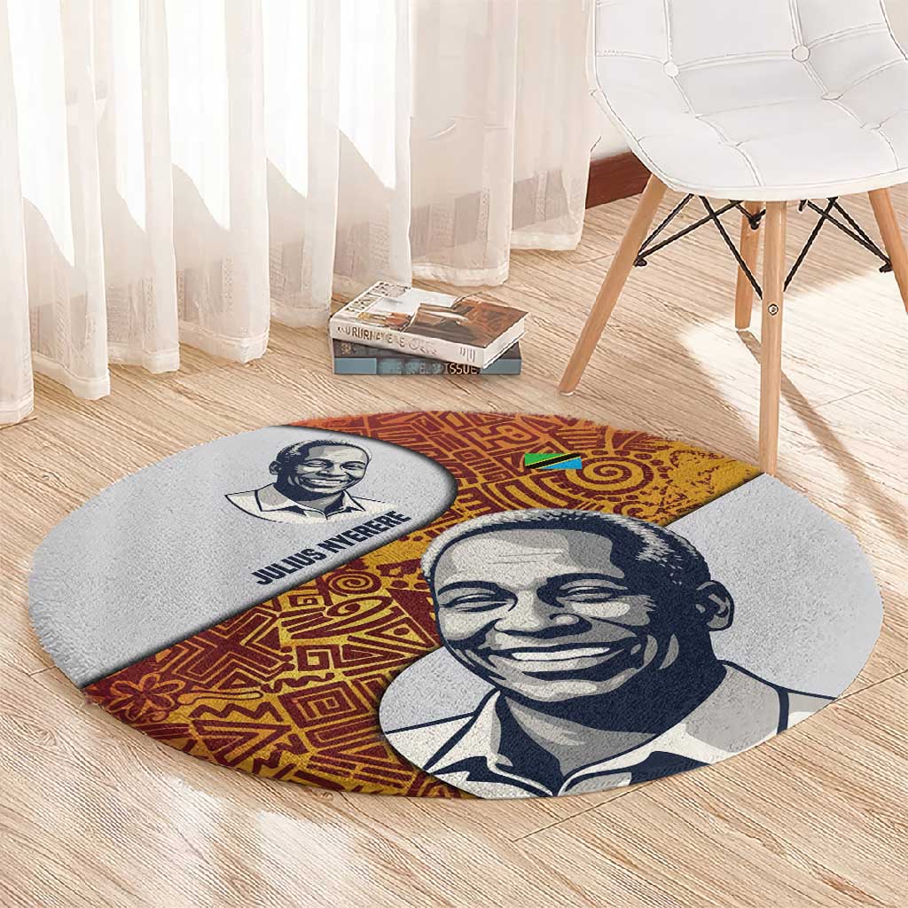 Julius Nyerere Round Carpet with Smiling Portrait, Tribal Pattern and Simplicity is Power Quote - African Pride