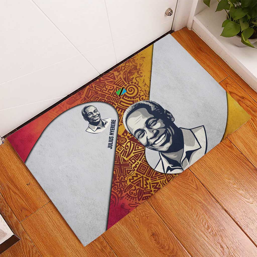 Julius Nyerere Rubber Doormat with Smiling Portrait, Tribal Pattern and Simplicity is Power Quote - African Pride