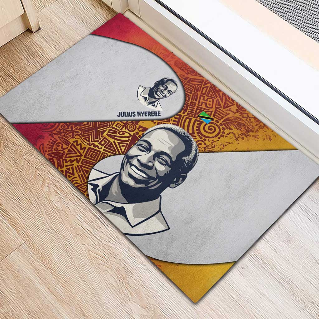 Julius Nyerere Rubber Doormat with Smiling Portrait, Tribal Pattern and Simplicity is Power Quote - African Pride