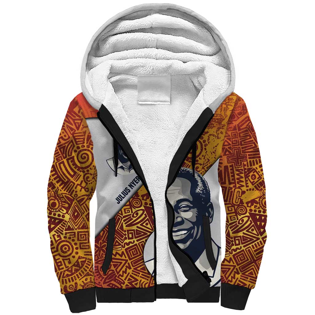 Julius Nyerere Sherpa Hoodie with Smiling Portrait, Tribal Pattern and Simplicity is Power Quote - African Pride