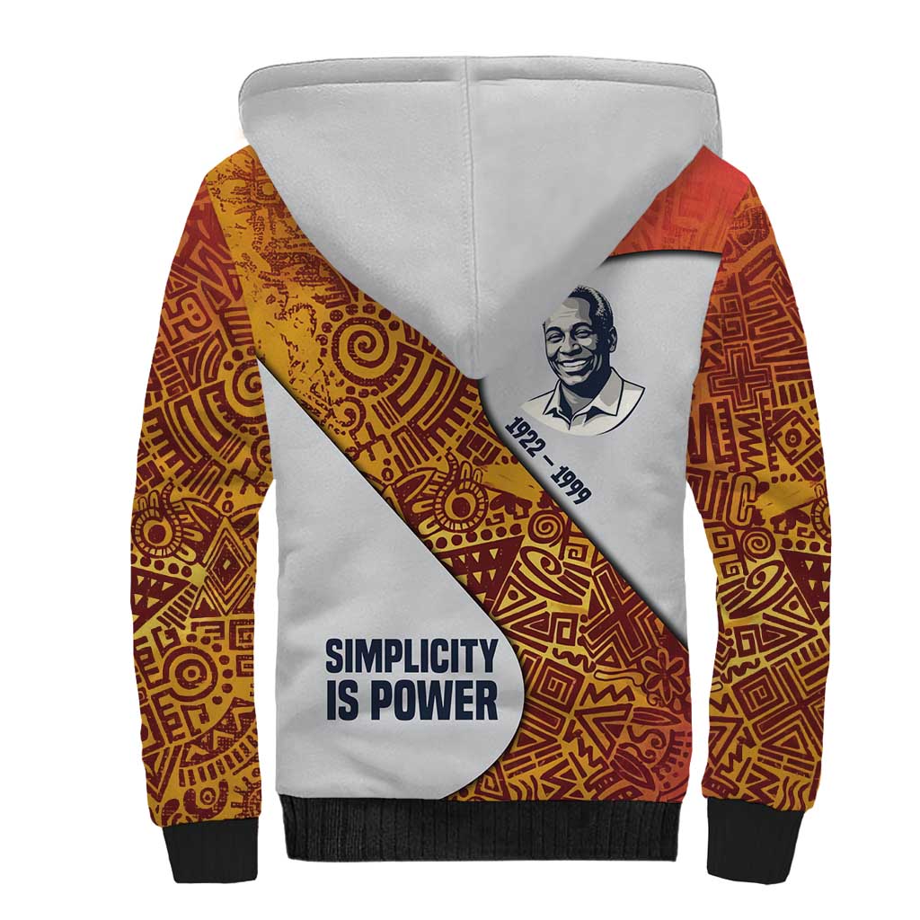 Julius Nyerere Sherpa Hoodie with Smiling Portrait, Tribal Pattern and Simplicity is Power Quote - African Pride