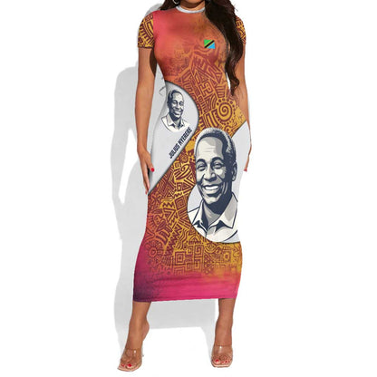 Julius Nyerere Short Sleeve Bodycon Dress with Smiling Portrait, Tribal Pattern and Simplicity is Power Quote - African Pride