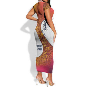 Julius Nyerere Short Sleeve Bodycon Dress with Smiling Portrait, Tribal Pattern and Simplicity is Power Quote - African Pride