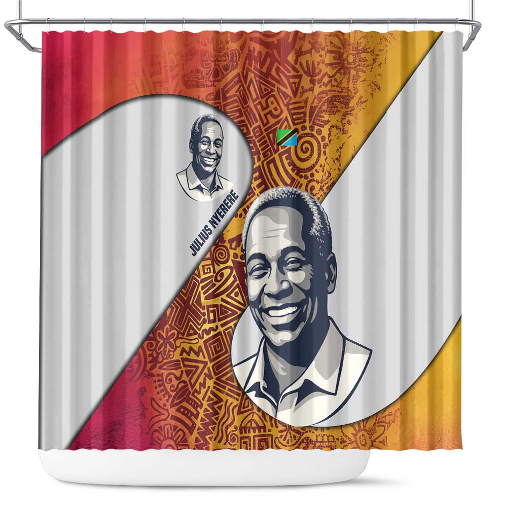 Julius Nyerere Shower Curtain with Smiling Portrait, Tribal Pattern and Simplicity is Power Quote - African Pride