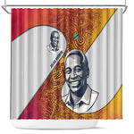 Julius Nyerere Shower Curtain with Smiling Portrait, Tribal Pattern and Simplicity is Power Quote - African Pride