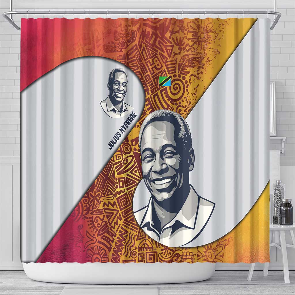 Julius Nyerere Shower Curtain with Smiling Portrait, Tribal Pattern and Simplicity is Power Quote - African Pride