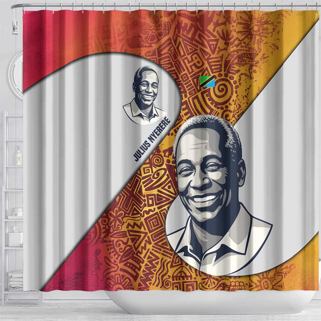 Julius Nyerere Shower Curtain with Smiling Portrait, Tribal Pattern and Simplicity is Power Quote - African Pride