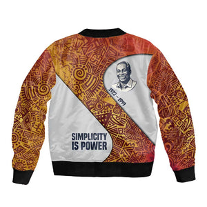 Julius Nyerere Sleeve Zip Bomber Jacket with Smiling Portrait, Tribal Pattern and Simplicity is Power Quote - African Pride