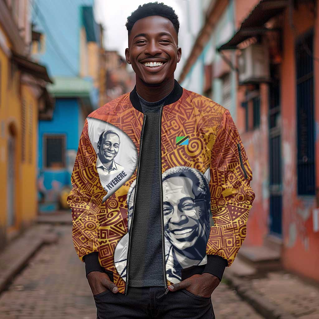 Julius Nyerere Sleeve Zip Bomber Jacket with Smiling Portrait, Tribal Pattern and Simplicity is Power Quote - African Pride