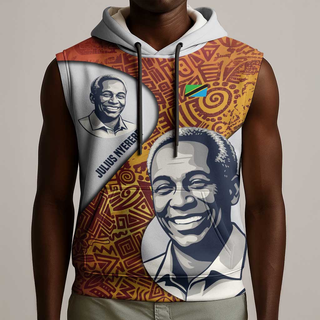 Julius Nyerere Sleeveless Hoodie with Smiling Portrait, Tribal Pattern and Simplicity is Power Quote - African Pride
