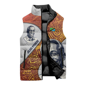 Julius Nyerere Sleeveless Puffer Jacket with Smiling Portrait, Tribal Pattern and Simplicity is Power Quote - African Pride
