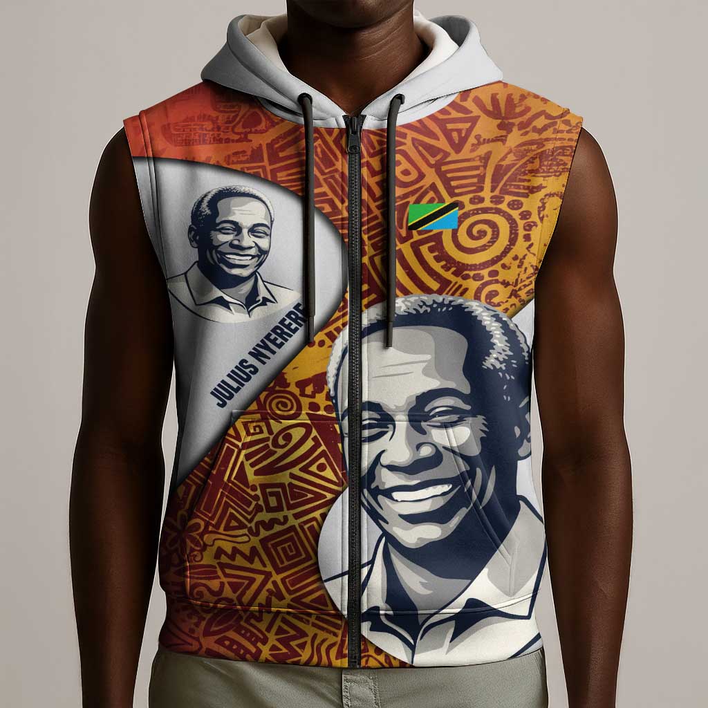 Julius Nyerere Sleeveless Zip Hoodie with Smiling Portrait, Tribal Pattern and Simplicity is Power Quote - African Pride