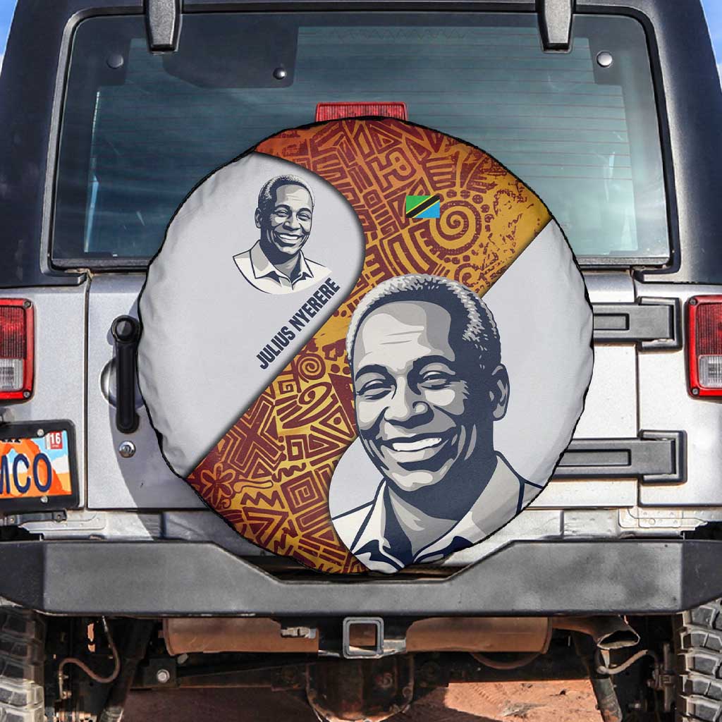 Julius Nyerere Spare Tire Cover with Smiling Portrait, Tribal Pattern and Simplicity is Power Quote - African Pride