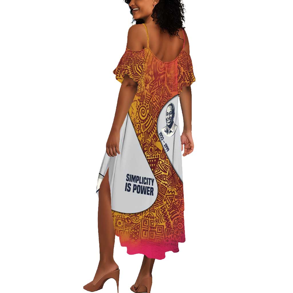 Julius Nyerere Summer Maxi Dress with Smiling Portrait, Tribal Pattern and Simplicity is Power Quote - African Pride