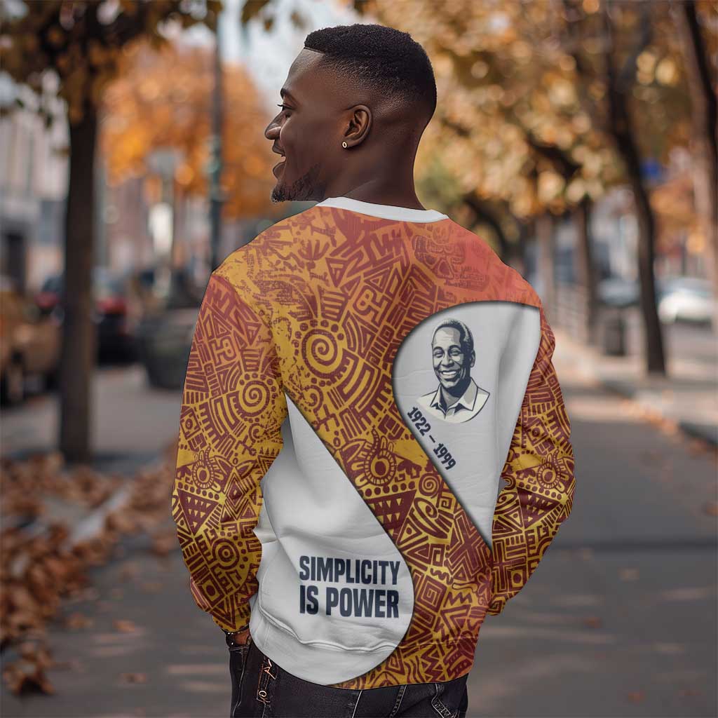 Julius Nyerere Sweatshirt with Smiling Portrait, Tribal Pattern and Simplicity is Power Quote - African Pride