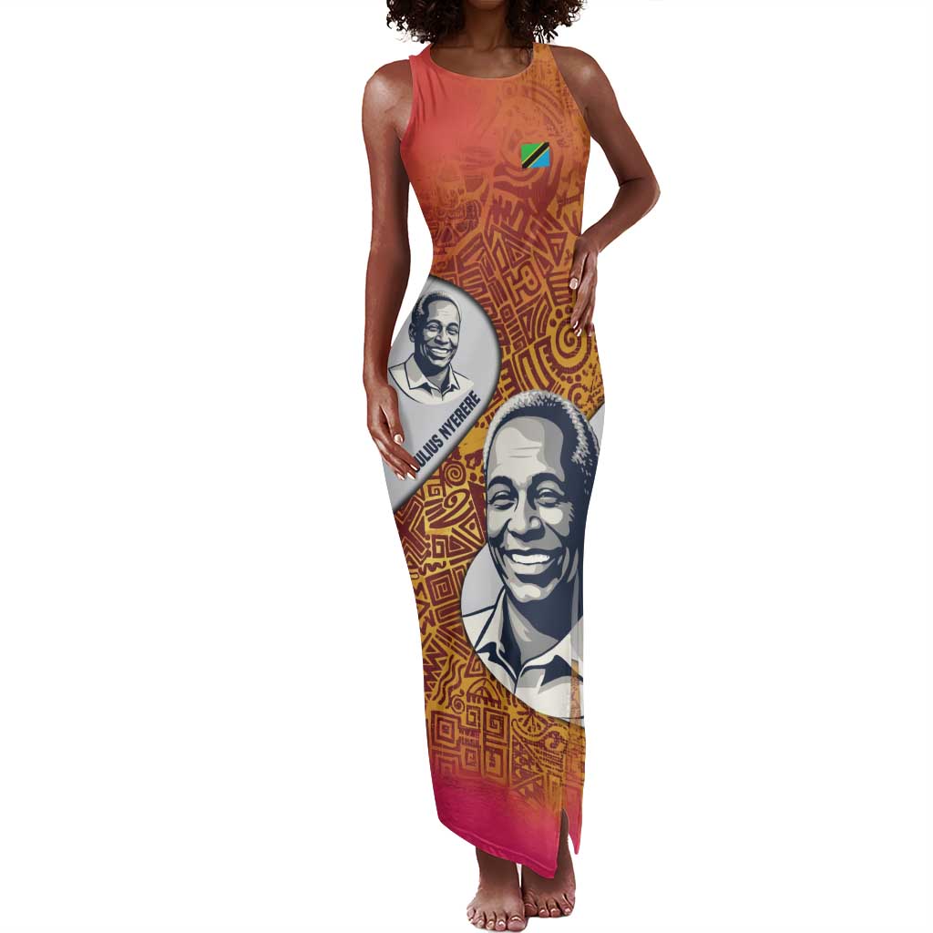Julius Nyerere Tank Maxi Dress with Smiling Portrait, Tribal Pattern and Simplicity is Power Quote - African Pride