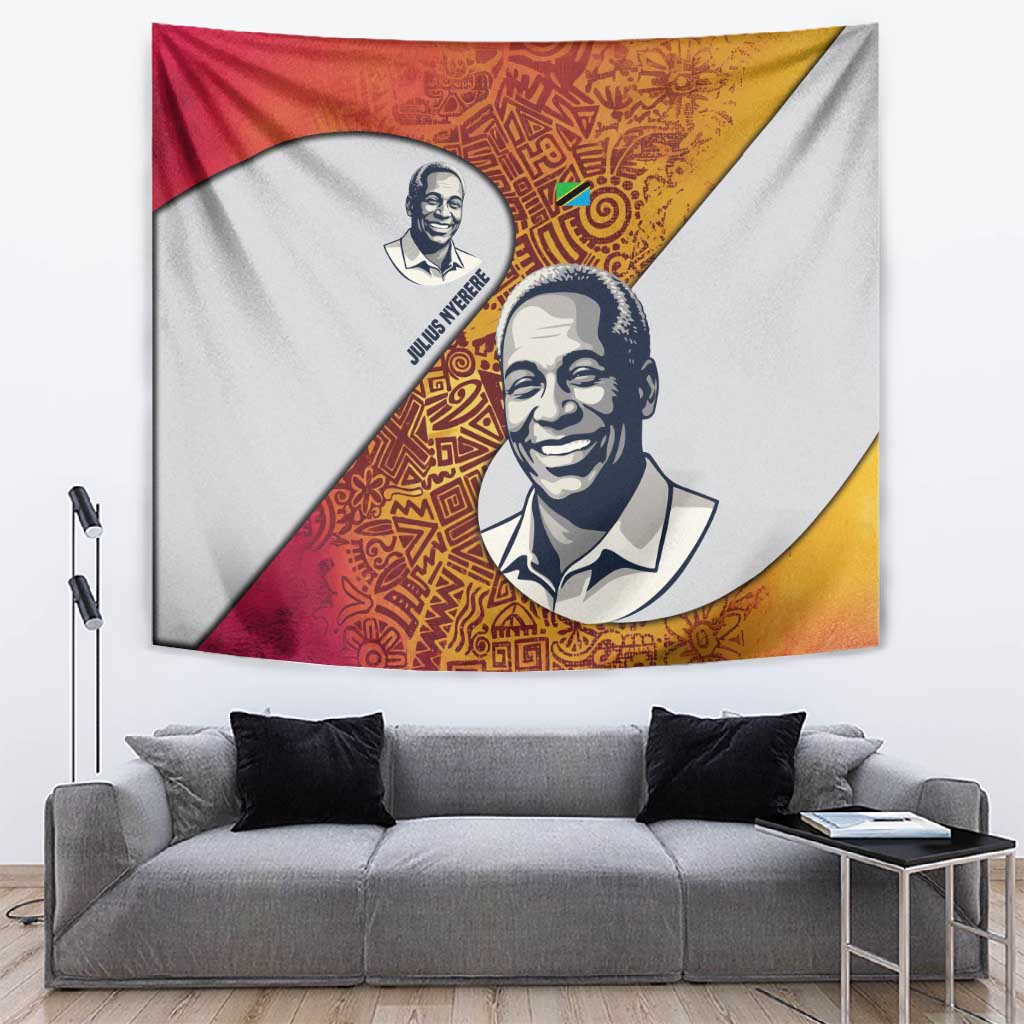 Julius Nyerere Tapestry with Smiling Portrait, Tribal Pattern and Simplicity is Power Quote - African Pride