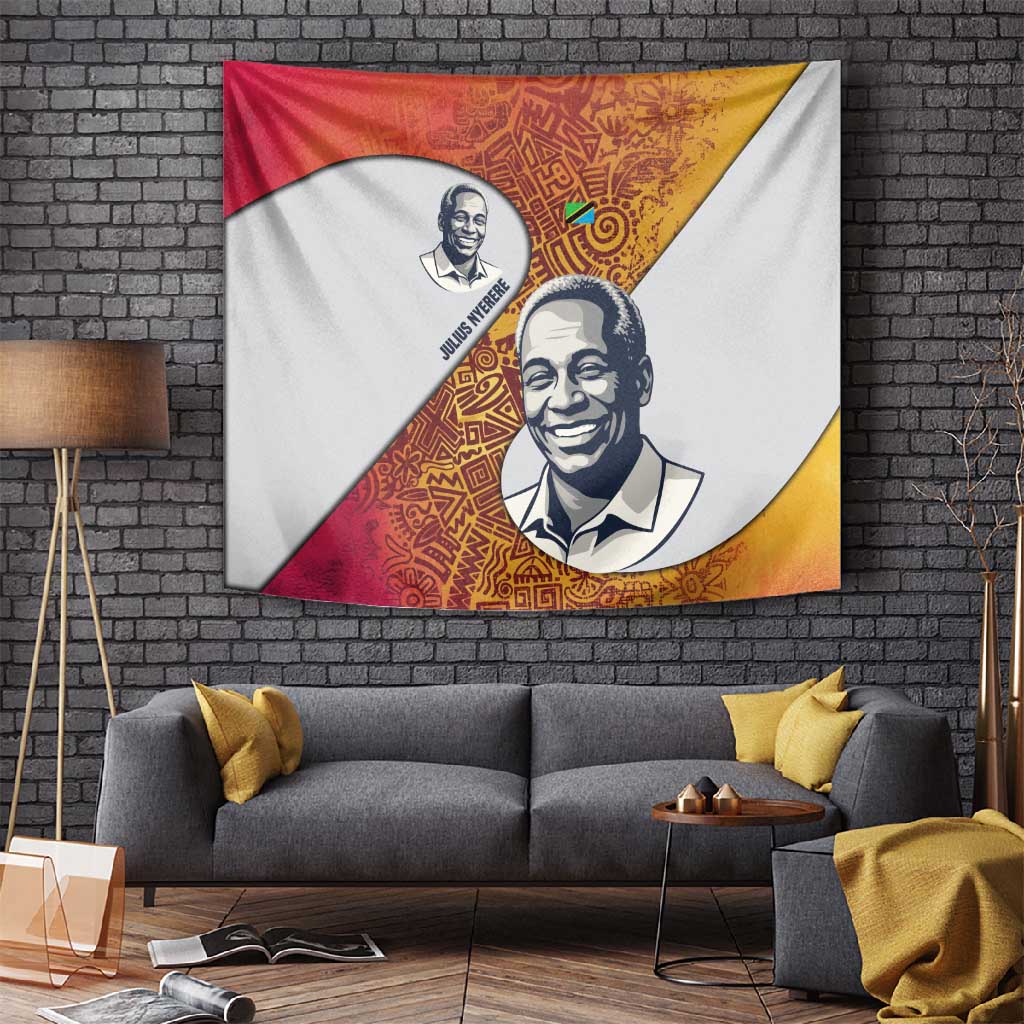 Julius Nyerere Tapestry with Smiling Portrait, Tribal Pattern and Simplicity is Power Quote - African Pride