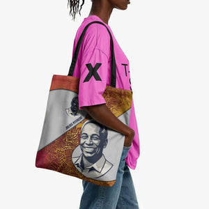 Julius Nyerere Tote Bag with Smiling Portrait, Tribal Pattern and Simplicity is Power Quote - African Pride