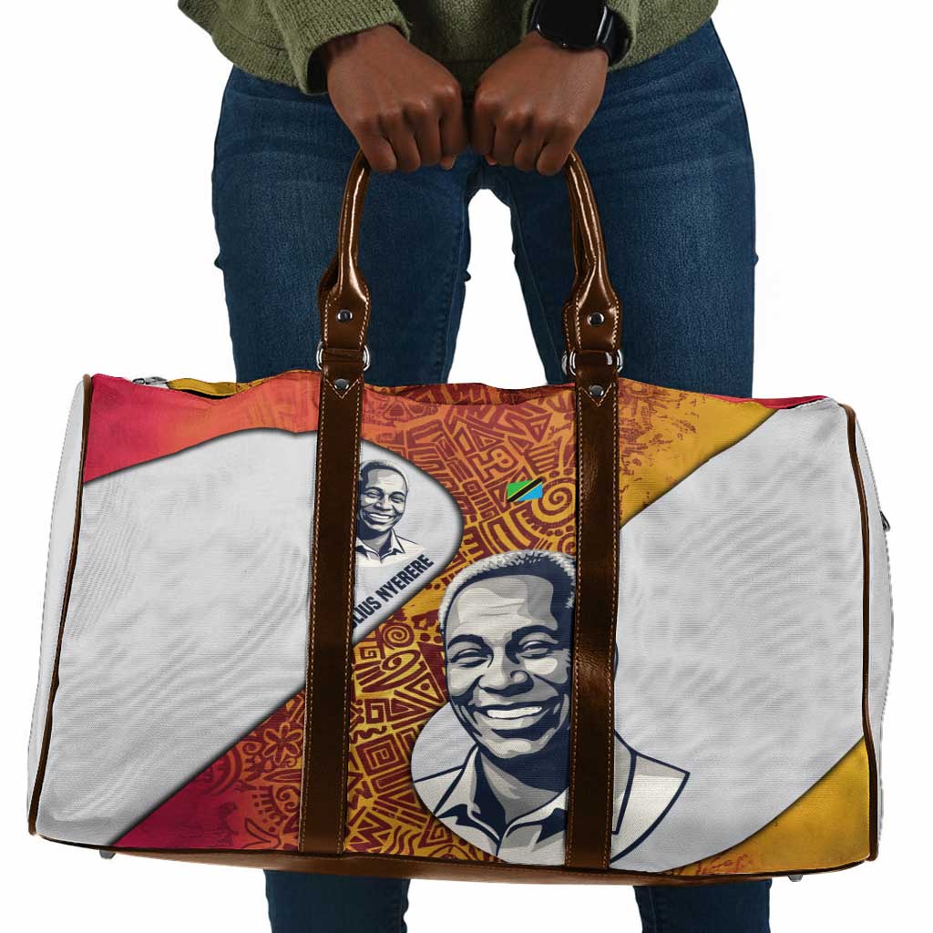 Julius Nyerere Travel Bag with Smiling Portrait, Tribal Pattern and Simplicity is Power Quote - African Pride