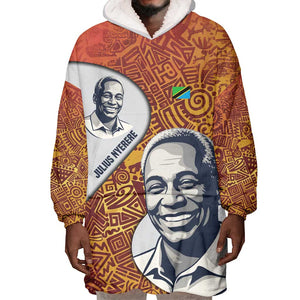 Julius Nyerere Wearable Blanket Hoodie with Smiling Portrait, Tribal Pattern and Simplicity is Power Quote - African Pride