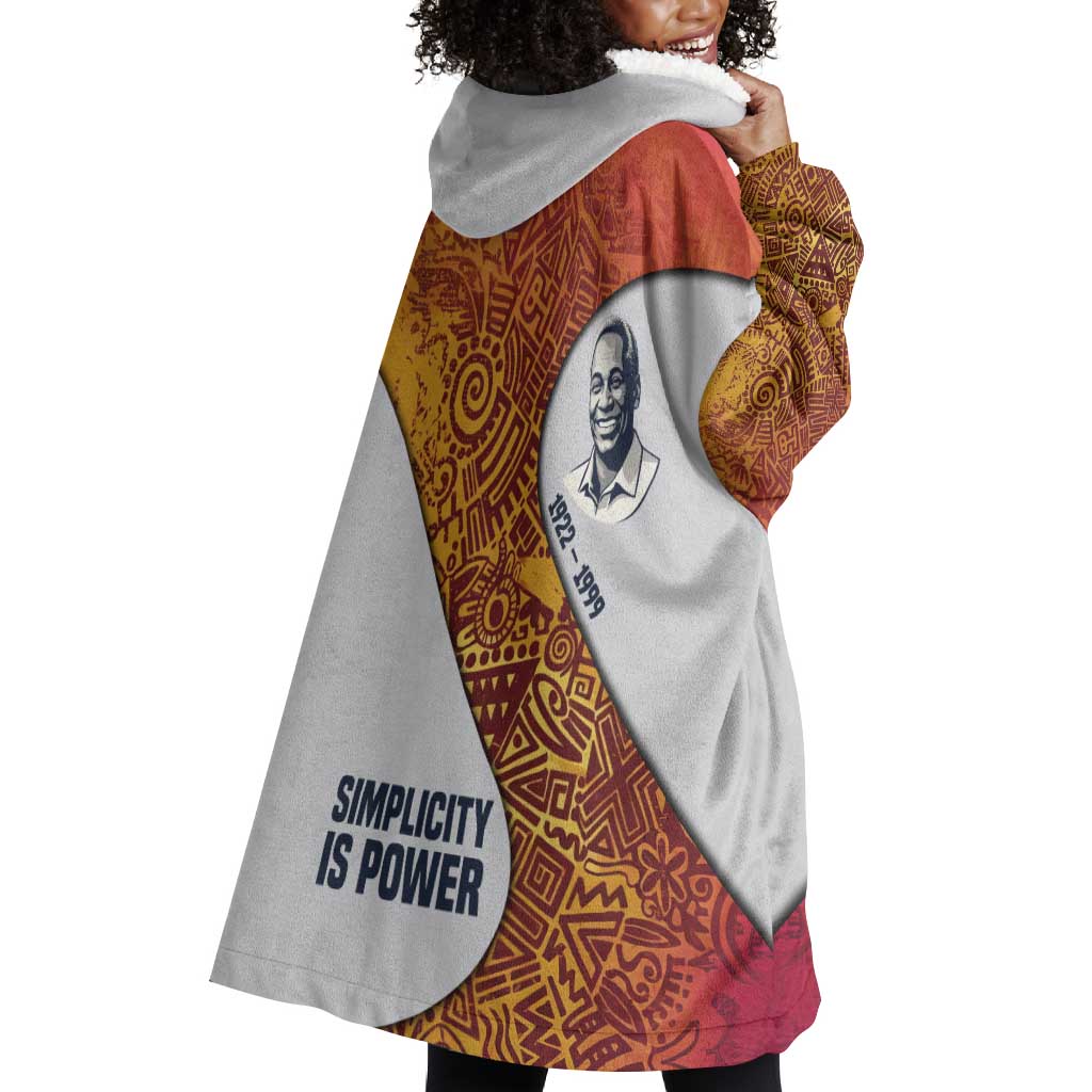 Julius Nyerere Wearable Blanket Hoodie with Smiling Portrait, Tribal Pattern and Simplicity is Power Quote - African Pride
