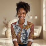 Julius Nyerere Women Casual Shirt with Smiling Portrait, Tribal Pattern and Simplicity is Power Quote - African Pride