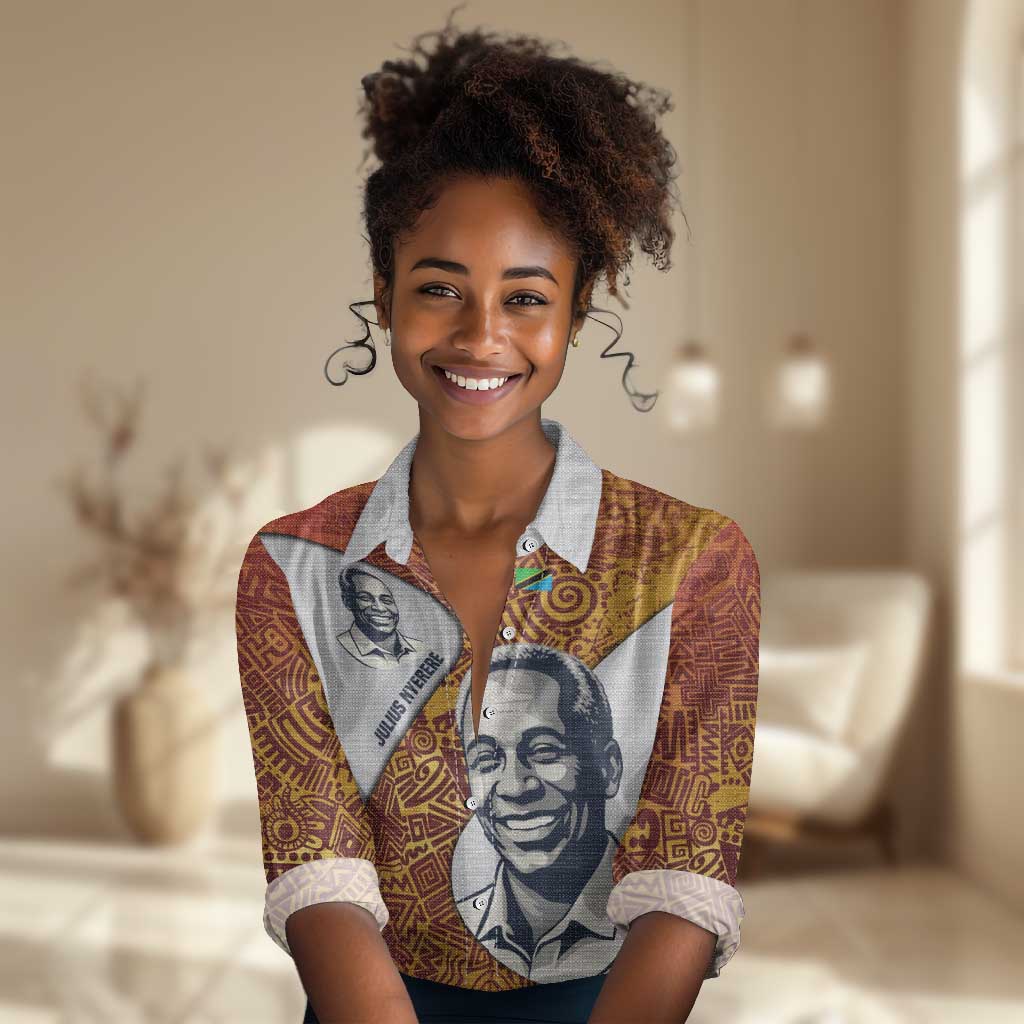 Julius Nyerere Women Casual Shirt with Smiling Portrait, Tribal Pattern and Simplicity is Power Quote - African Pride