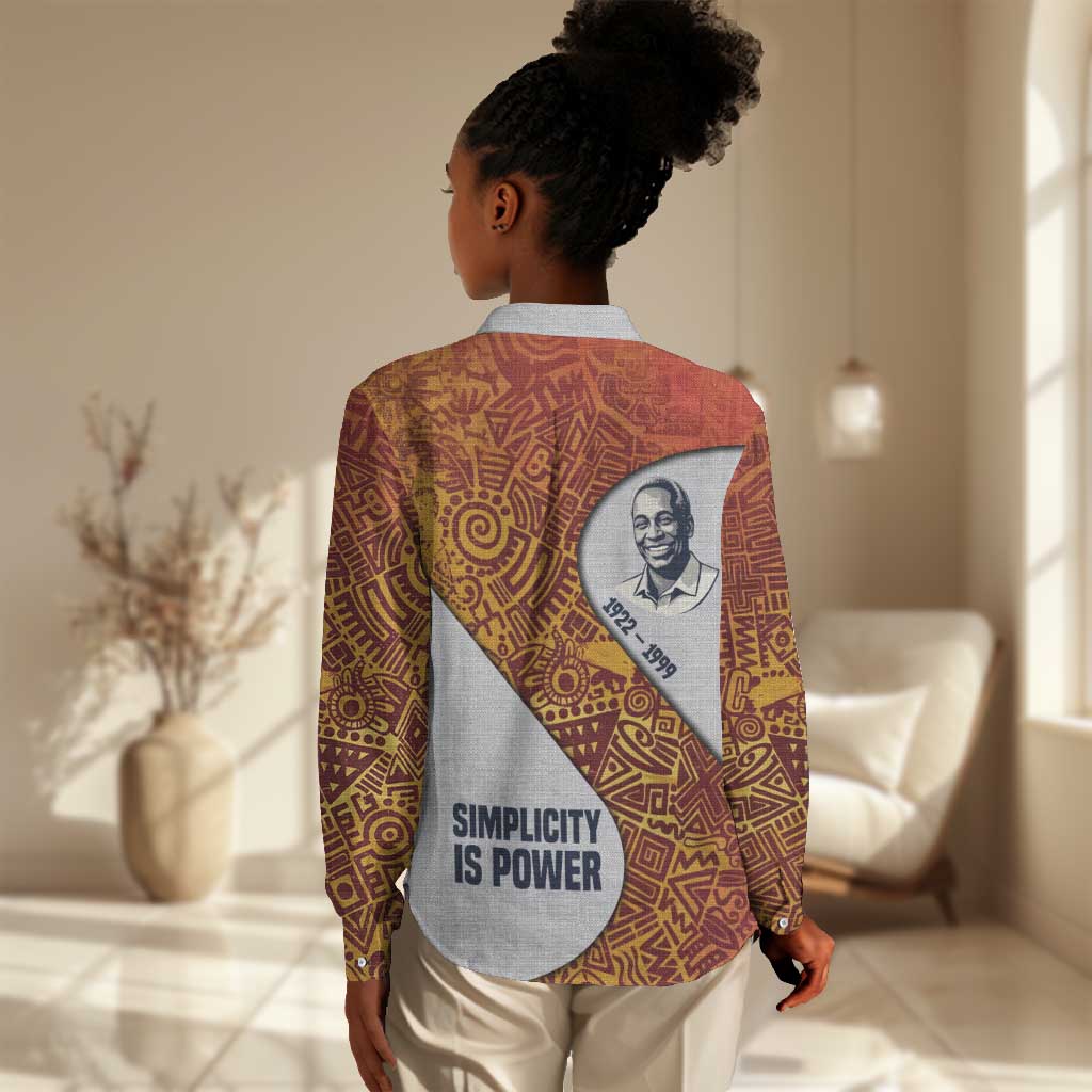 Julius Nyerere Women Casual Shirt with Smiling Portrait, Tribal Pattern and Simplicity is Power Quote - African Pride