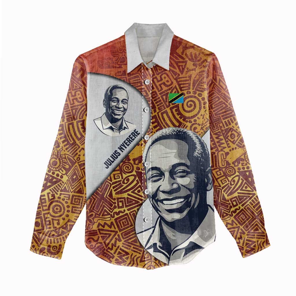Julius Nyerere Women Casual Shirt with Smiling Portrait, Tribal Pattern and Simplicity is Power Quote - African Pride