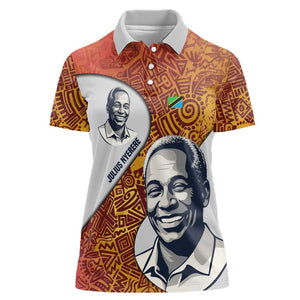 Julius Nyerere Women Polo Shirt with Smiling Portrait, Tribal Pattern and Simplicity is Power Quote - African Pride