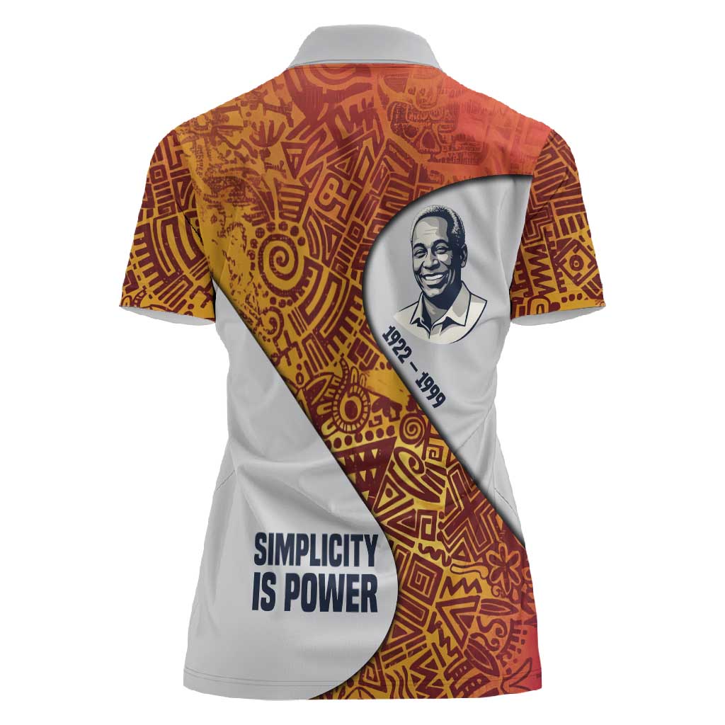 Julius Nyerere Women Polo Shirt with Smiling Portrait, Tribal Pattern and Simplicity is Power Quote - African Pride