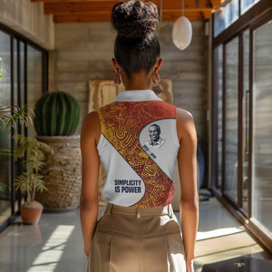 Julius Nyerere Women Sleeveless Polo Shirt with Smiling Portrait, Tribal Pattern and Simplicity is Power Quote - African Pride
