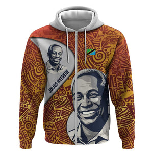 Julius Nyerere Zip Hoodie with Smiling Portrait, Tribal Pattern and Simplicity is Power Quote - African Pride