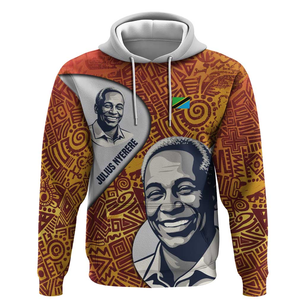 Julius Nyerere Zip Hoodie with Smiling Portrait, Tribal Pattern and Simplicity is Power Quote - African Pride