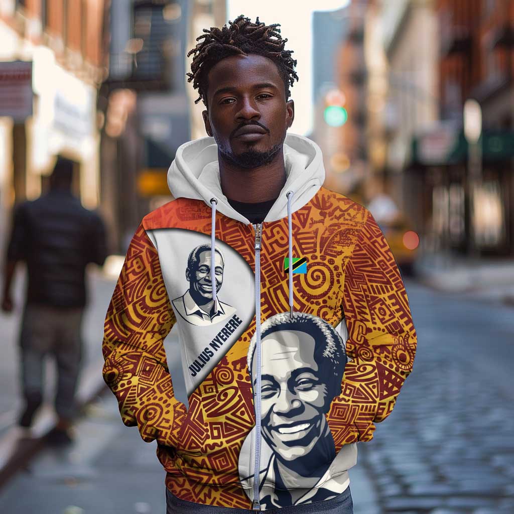 Julius Nyerere Zip Hoodie with Smiling Portrait, Tribal Pattern and Simplicity is Power Quote - African Pride