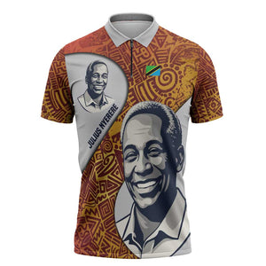 Julius Nyerere Zipper Polo Shirt with Smiling Portrait, Tribal Pattern and Simplicity is Power Quote - African Pride