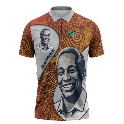 Julius Nyerere Zipper Polo Shirt with Smiling Portrait, Tribal Pattern and Simplicity is Power Quote - African Pride