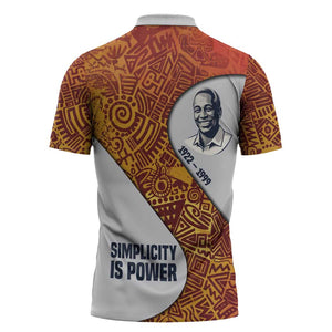 Julius Nyerere Zipper Polo Shirt with Smiling Portrait, Tribal Pattern and Simplicity is Power Quote - African Pride