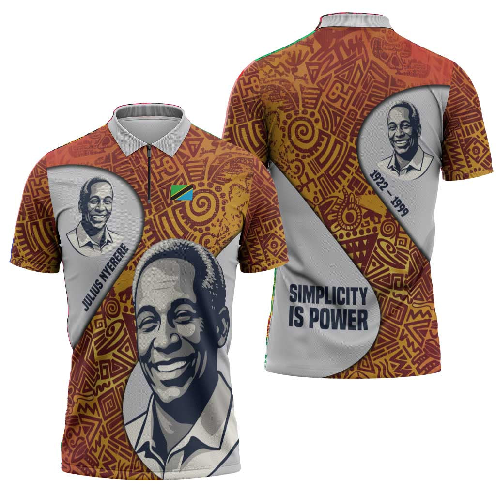 Julius Nyerere Zipper Polo Shirt with Smiling Portrait, Tribal Pattern and Simplicity is Power Quote - African Pride
