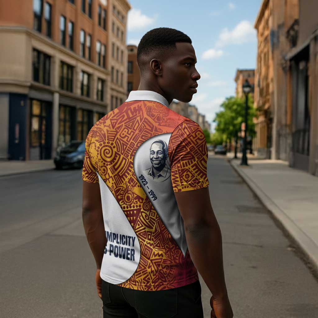 Julius Nyerere Zipper Polo Shirt with Smiling Portrait, Tribal Pattern and Simplicity is Power Quote - African Pride