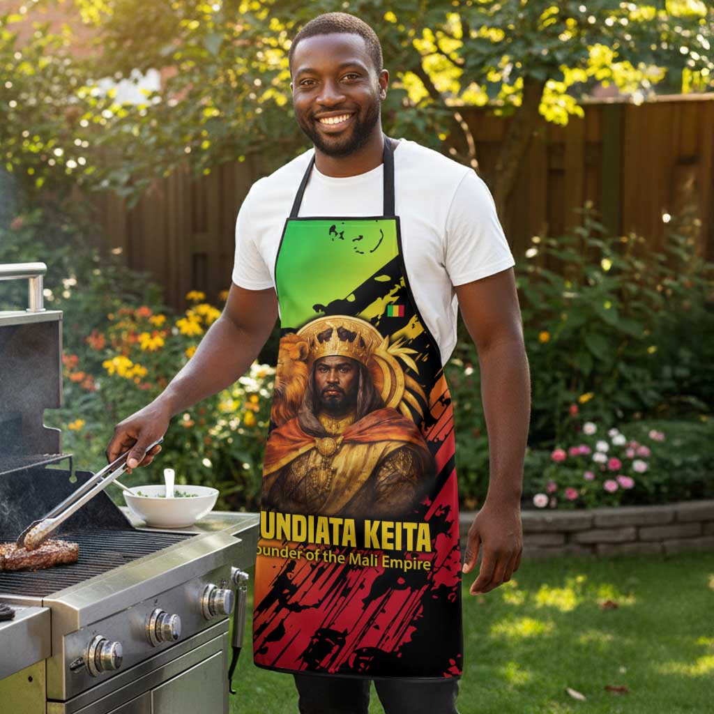 Sundiata Keita Apron with Regal Portrait, Lion of Mali Title and Bold Tribal Brushstroke Pattern - African Pride