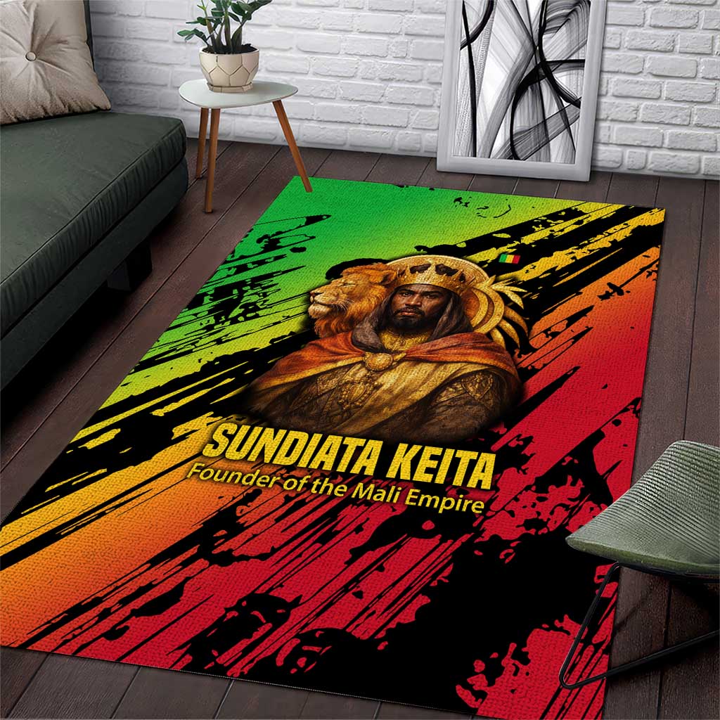 Sundiata Keita Area Rug with Regal Portrait, Lion of Mali Title and Bold Tribal Brushstroke Pattern - African Pride