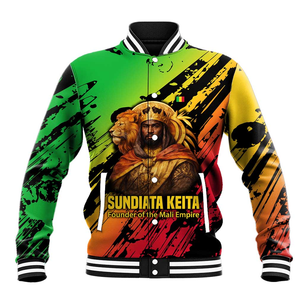 Sundiata Keita Baseball Jacket with Regal Portrait, Lion of Mali Title and Bold Tribal Brushstroke Pattern - African Pride