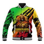 Sundiata Keita Baseball Jacket with Regal Portrait, Lion of Mali Title and Bold Tribal Brushstroke Pattern - African Pride
